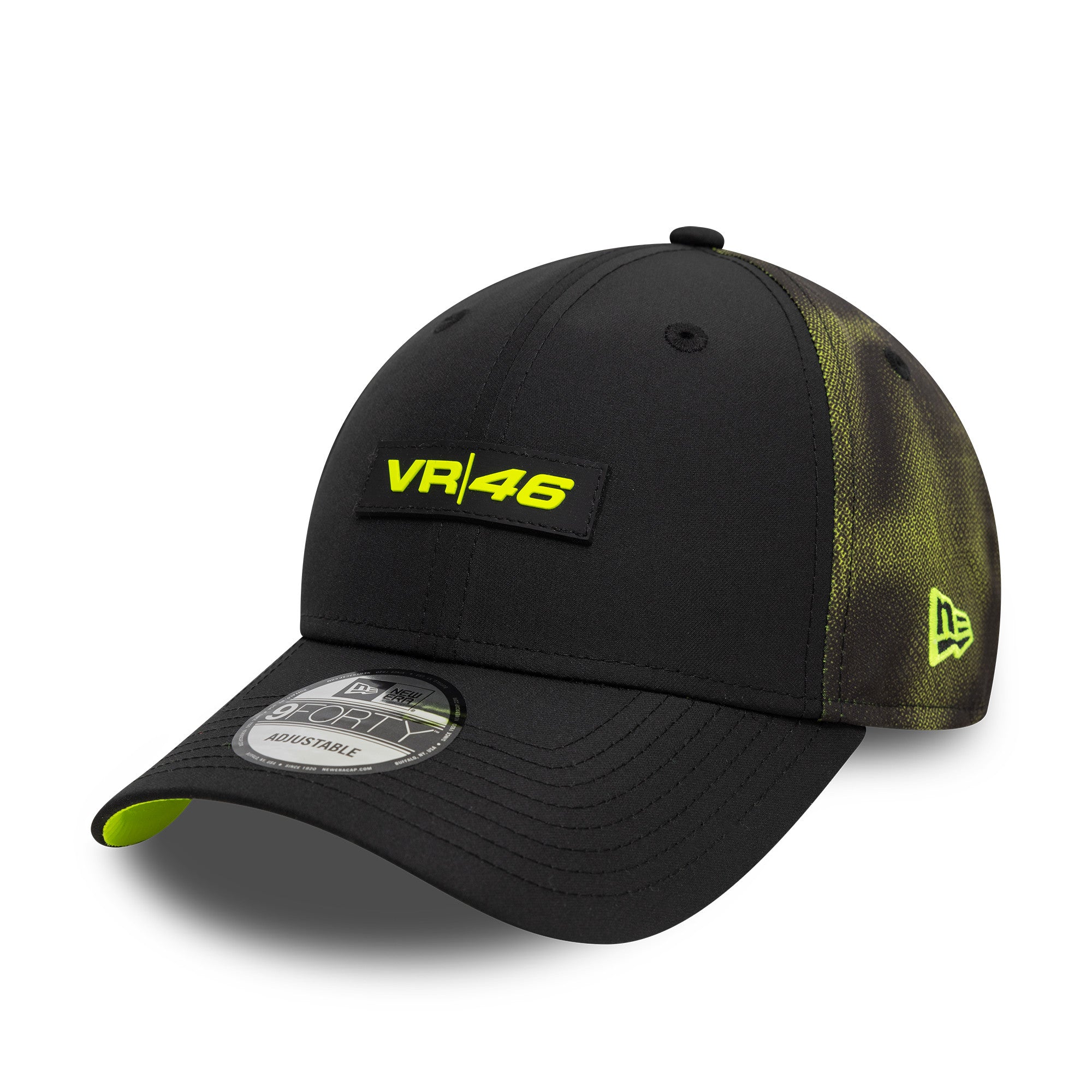 New Era 9FORTY A Frame Poly Print Valentino Rossi VR46 MotoGP Black Trucker Hat New Era 9FORTY A Frame Poly Print Valentino Rossi VR46 MotoGP Black Trucker Hat