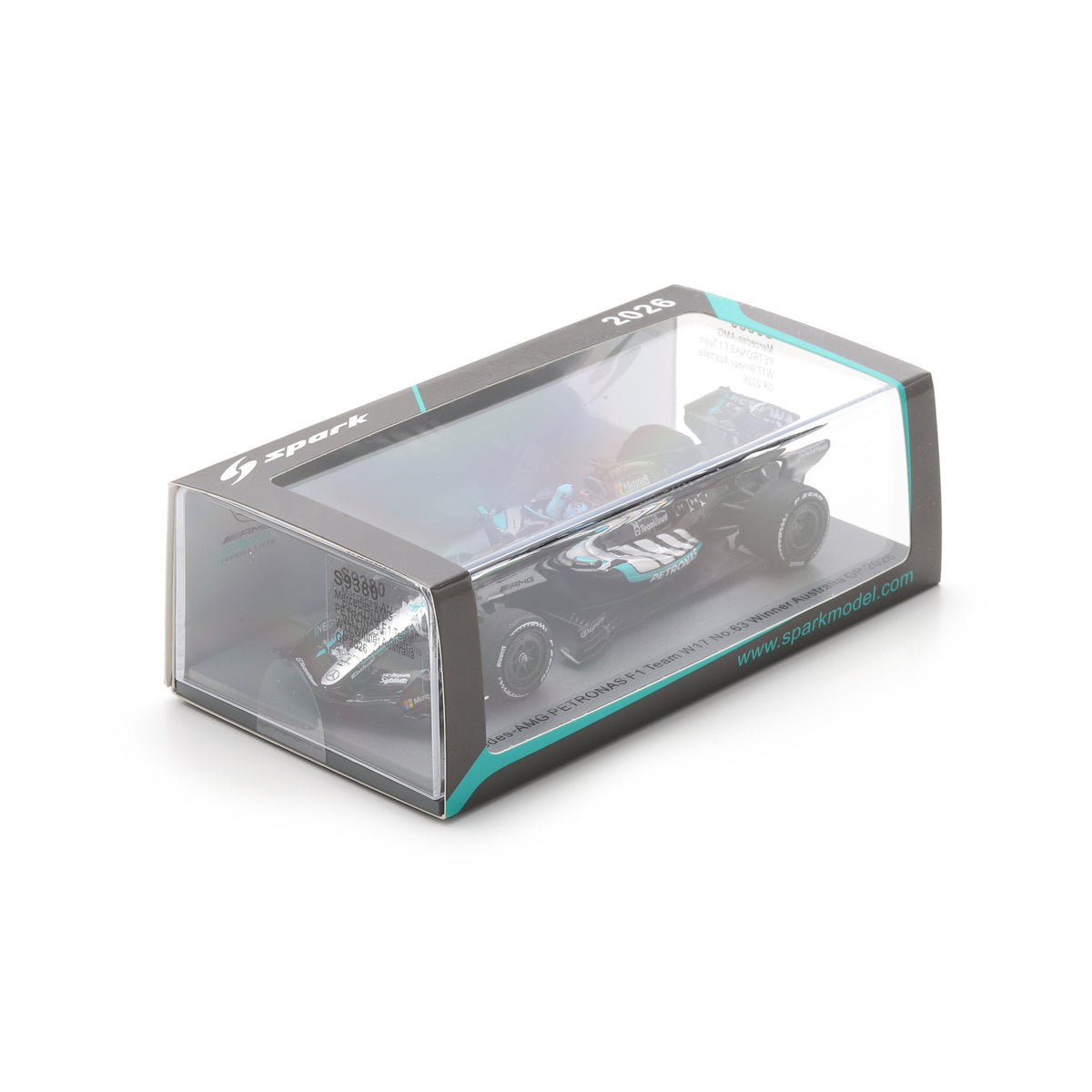 Spark Mercedes AMG Petronas F1 Team W17 George Russell 2026 Australian GP Winner Car With Pit Board Adults - Black - 1:43 Scale